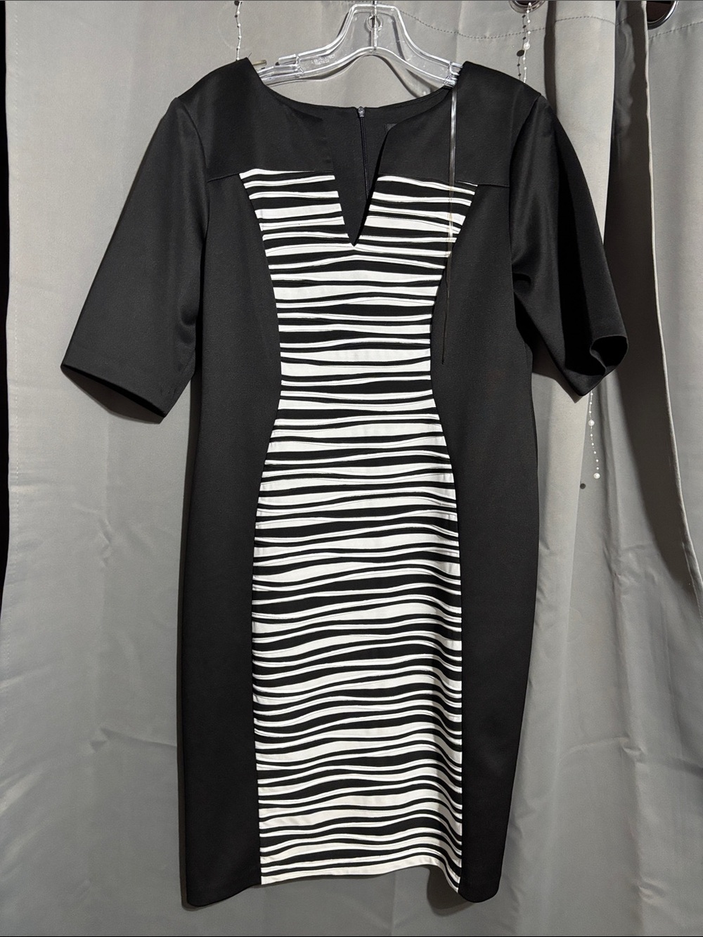 Connected Apparel women's black and white striped V-neck dress